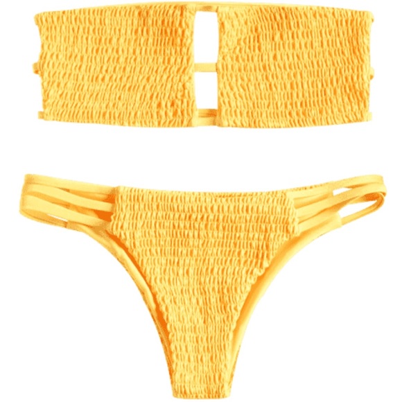 yellow smocked bandeau bikini